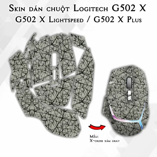 Skin dán chuột Logitech G502 X mẫu X-cross xám gray