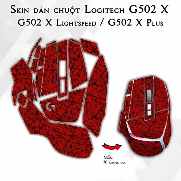 Skin dán chuột Logitech G502 X mẫu X-cross đỏ