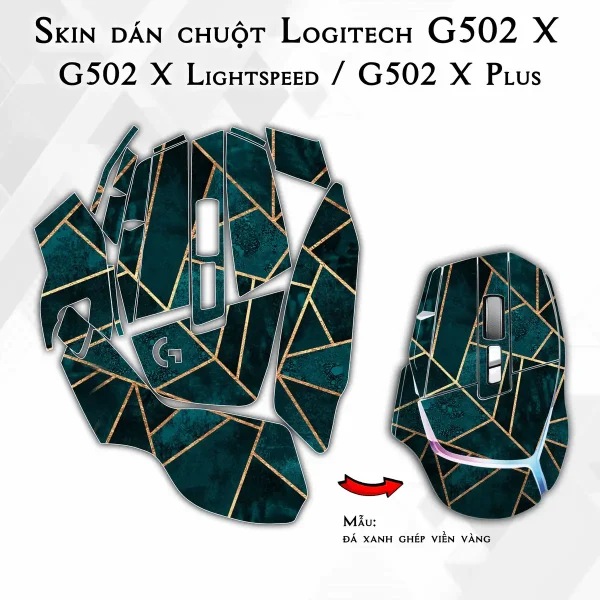 Skin dán chuột Logitech G502 X mẫu đá xanh ghép viền vàng