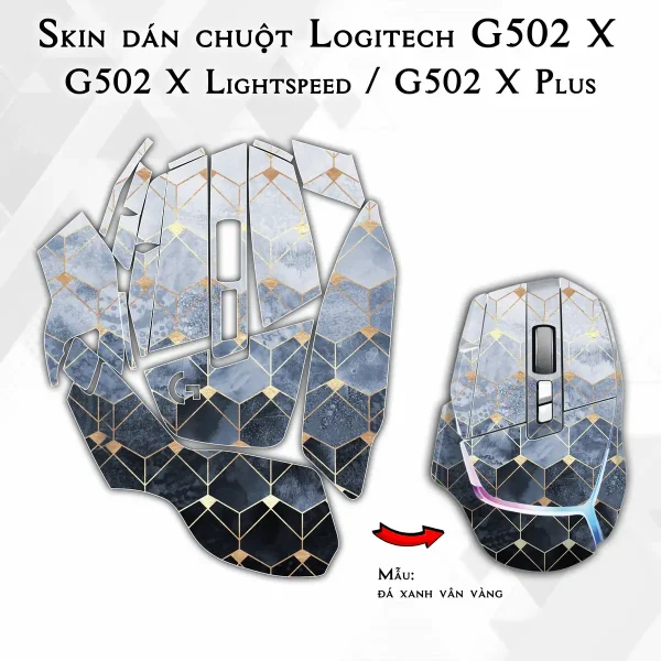 Skin dán chuột Logitech G502 X mẫu đá xanh vân vàng