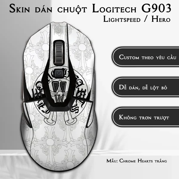 Skin dán chuột Logitech G903 mẫu Chrome Hearts trắng