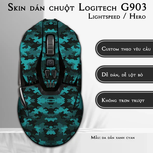 Skin dán chuột Logitech G903 mẫu da dắn xanh cyan