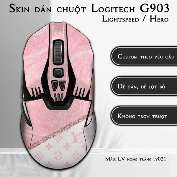 Skin dán chuột Logitech G903 mẫu LV hồng trắng lv021