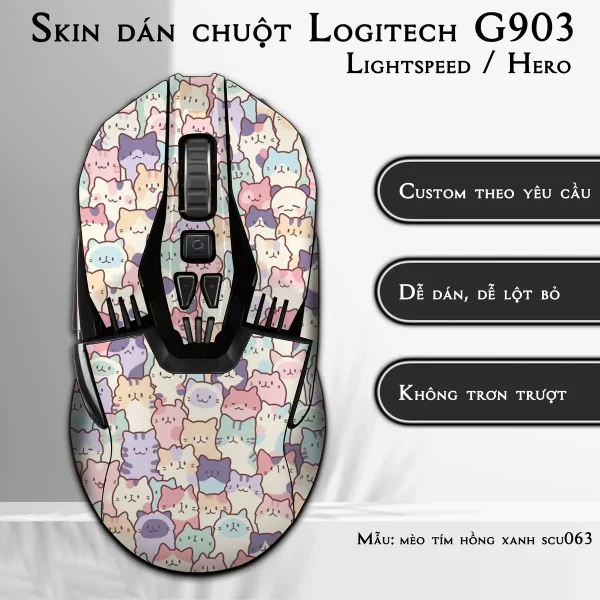 Skin dán chuột Logitech G903 mẫu mèo tím hồng xanh scu063