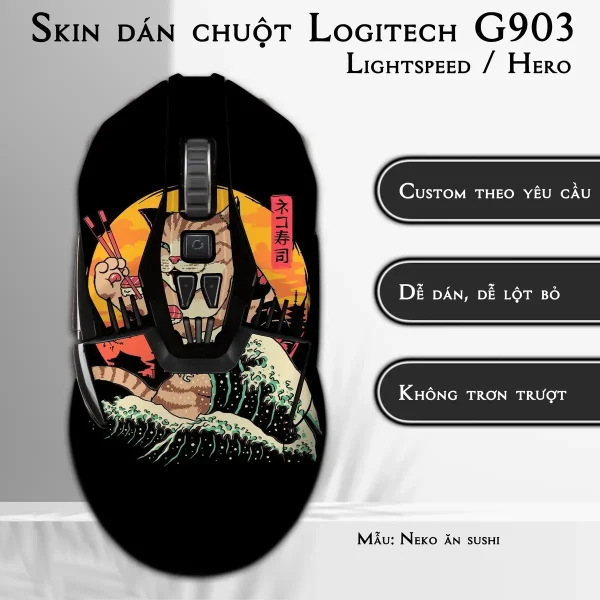 Skin dán chuột Logitech G903 mẫu Neko ăn sushi