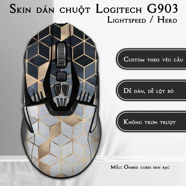 Skin dán chuột Logitech G903 mẫu Ombre cubes đen bạc