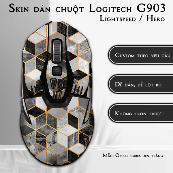 Skin dán chuột Logitech G903 mẫu Ombre cubes đen trắng