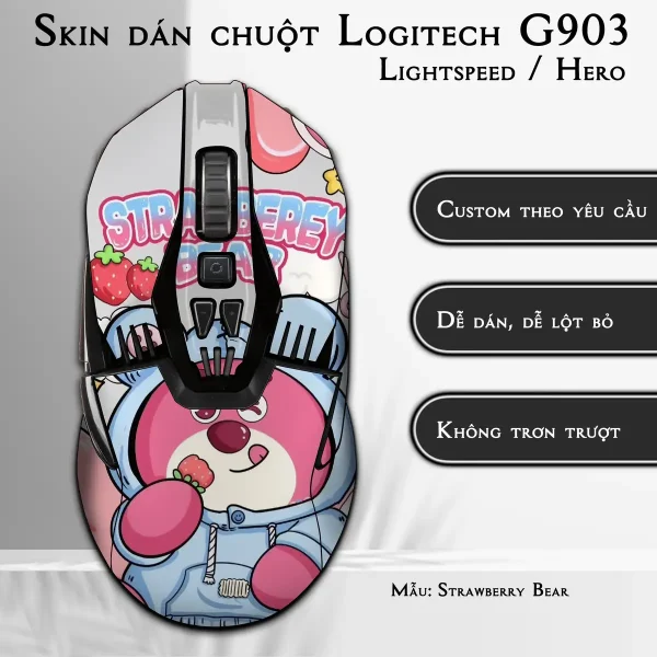 Skin dán chuột Logitech G903 mẫu Strawberry Bear
