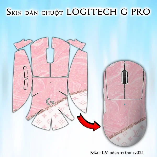 Skin dán chuột Logitech G Pro mẫu LV hồng trắng lv021