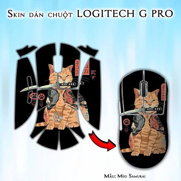 Skin dán chuột Logitech G Pro mẫu Mèo Samurai