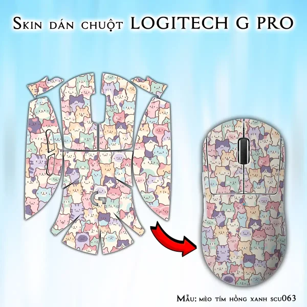 Skin dán chuột Logitech G Pro mẫu mèo tím hồng xanh scu063