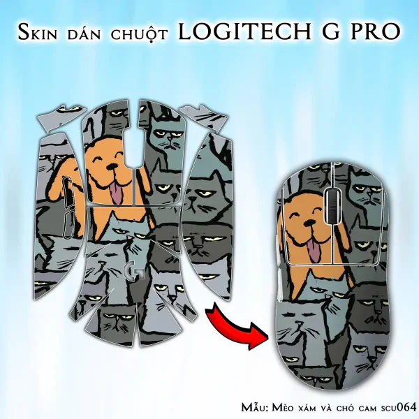 Skin dán chuột Logitech G Pro mẫu Mèo xám và chó cam scu064
