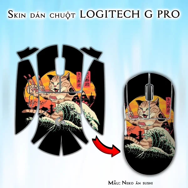 Skin dán chuột Logitech G Pro mẫu Neko ăn sushi