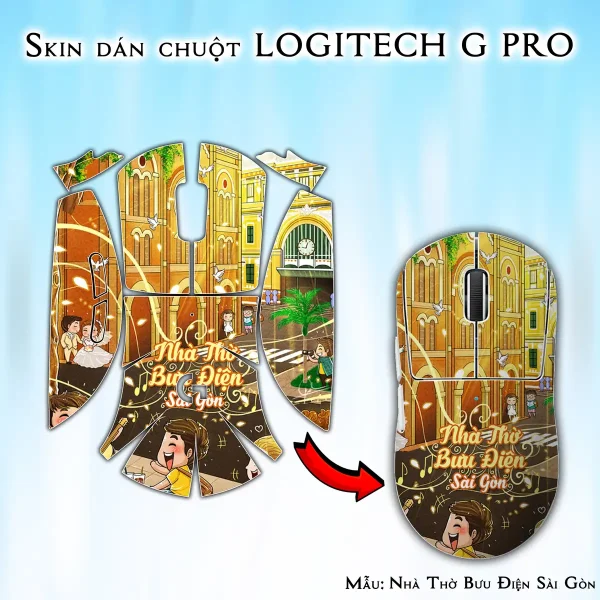 Skin dán chuột Logitech G Pro mẫu Nhà Thờ Bưu Điện Sài Gòn Chib008