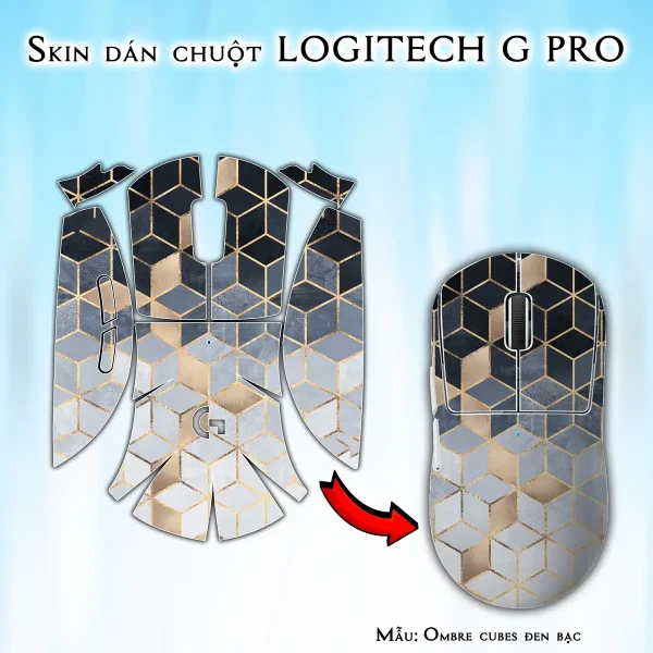 Skin dán chuột Logitech G Pro mẫu Ombre cubes đen bạc