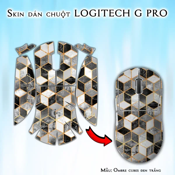 Skin dán chuột Logitech G Pro mẫu Ombre cubes đen trắng
