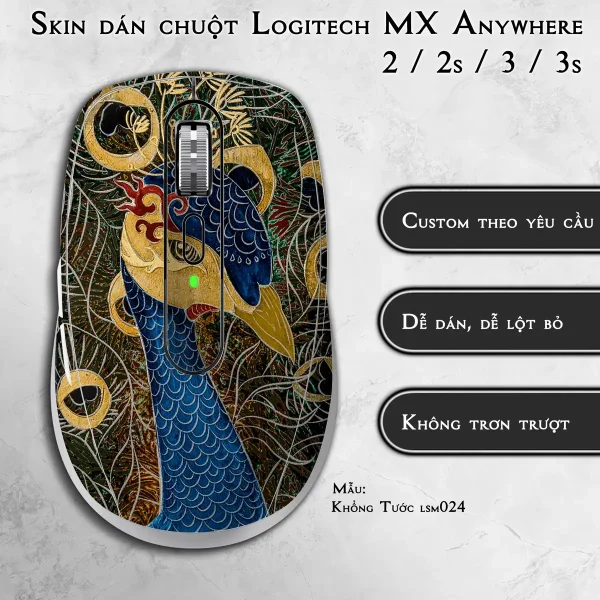 Skin dán chuột Logitech MX Anywhere mẫu Khổng Tước lsm024