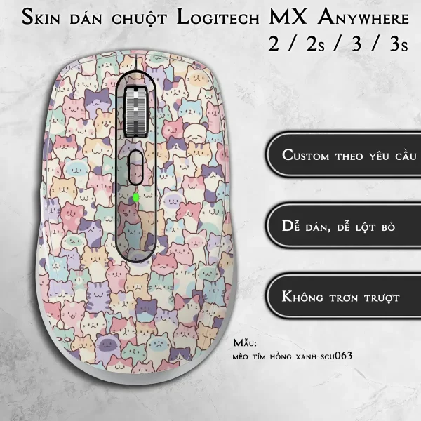 Skin dán chuột Logitech MX Anywhere mẫu mèo tím hồng xanh scu063
