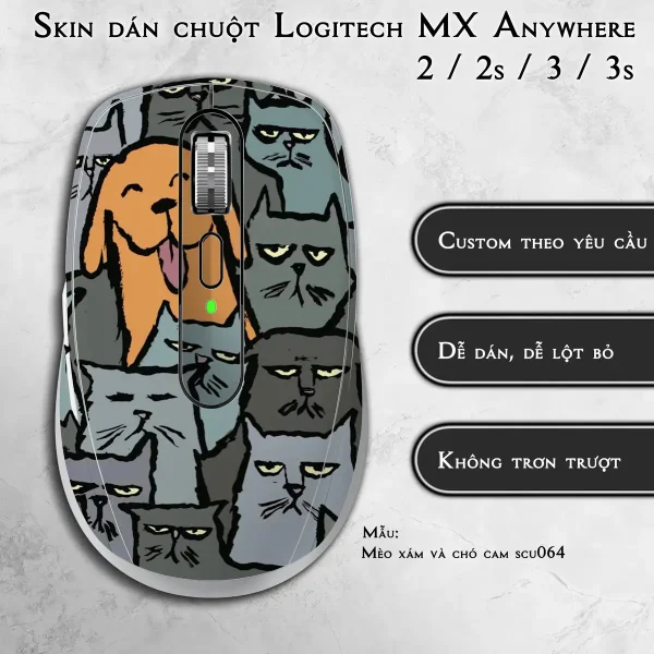 Skin dán chuột Logitech MX Anywhere mẫu Mèo xám và chó cam scu064