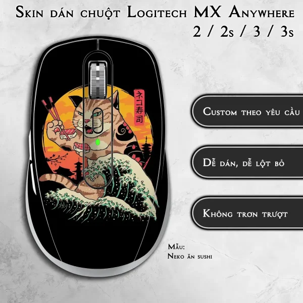 Skin dán chuột Logitech MX Anywhere mẫu Neko ăn sushi