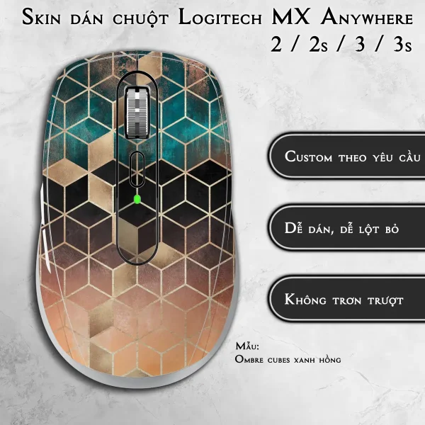 Skin dán chuột Logitech MX Anywhere mẫu Ombre cubes xanh hồng