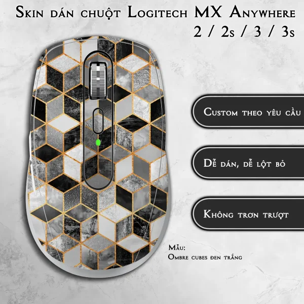 Skin dán chuột Logitech MX Anywhere mẫu Ombre cubes đen trắng