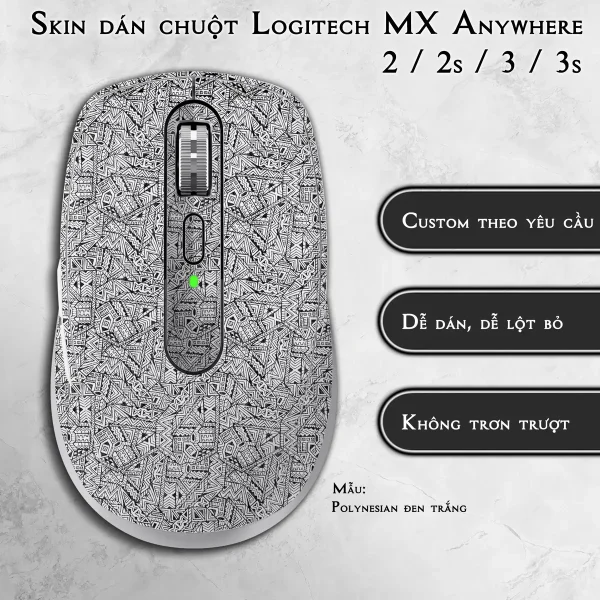 Skin dán chuột Logitech MX Anywhere mẫu Polynesian đen trắng