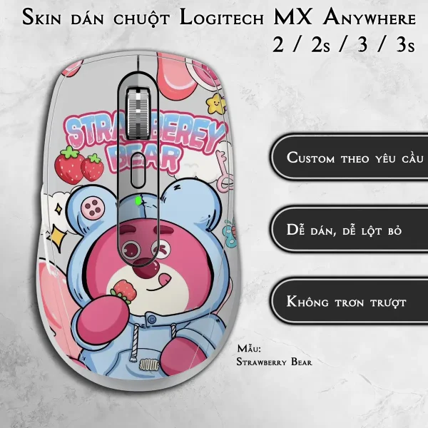 Skin dán chuột Logitech MX Anywhere mẫu Strawberry Bear