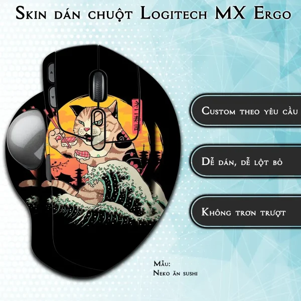 Skin dán chuột Logitech MX Ergo mẫu Neko ăn sushi