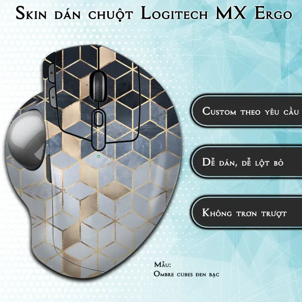 Skin dán chuột Logitech MX Ergo mẫu Ombre cubes đen bạc