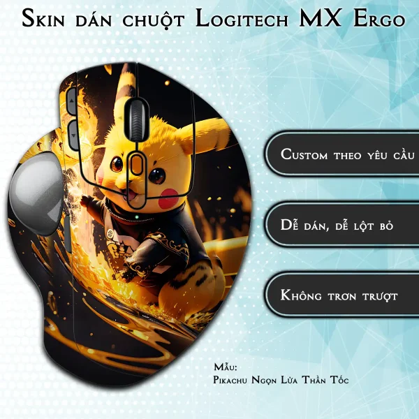 Skin dán chuột Logitech MX Ergo mẫu Pikachu Ngọn Lửa Thần Tốc