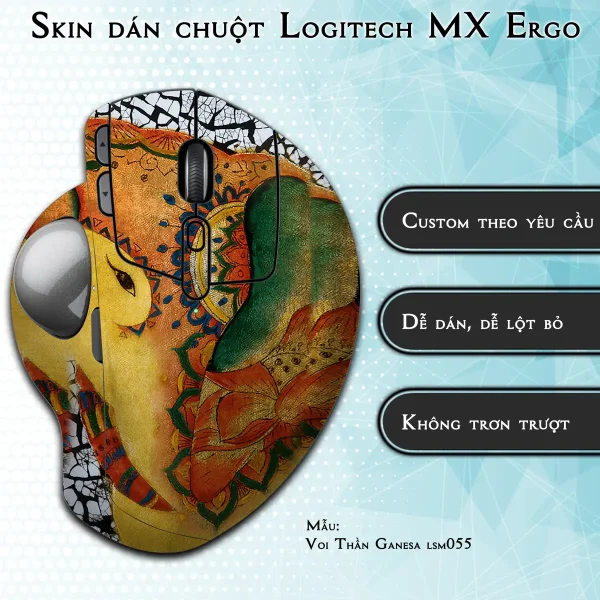 Skin dán chuột Logitech MX Ergo mẫu Voi Thần Ganesa lsm055