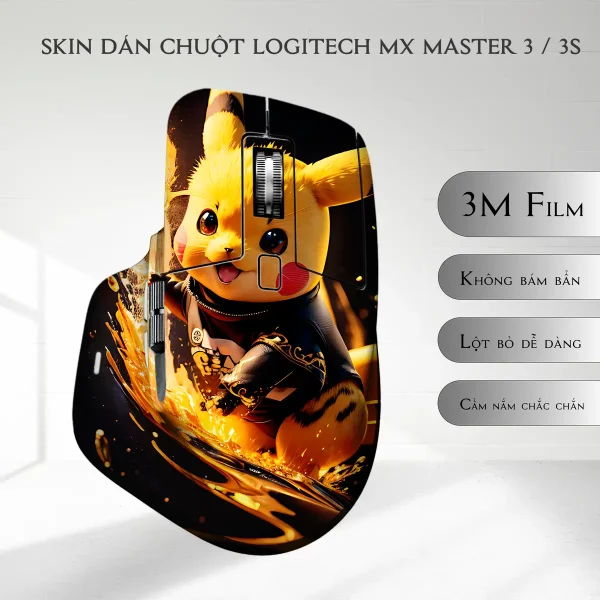 Skin dán chuột Logitech MX Master 2, 2s, 3, 3s mẫu Pikachu lướt sóng