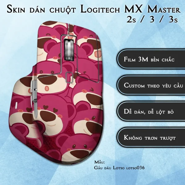 Skin dán chuột Logitech MX Master 2, 2s, 3, 3s mẫu Gấu dâu Lotso lotso036