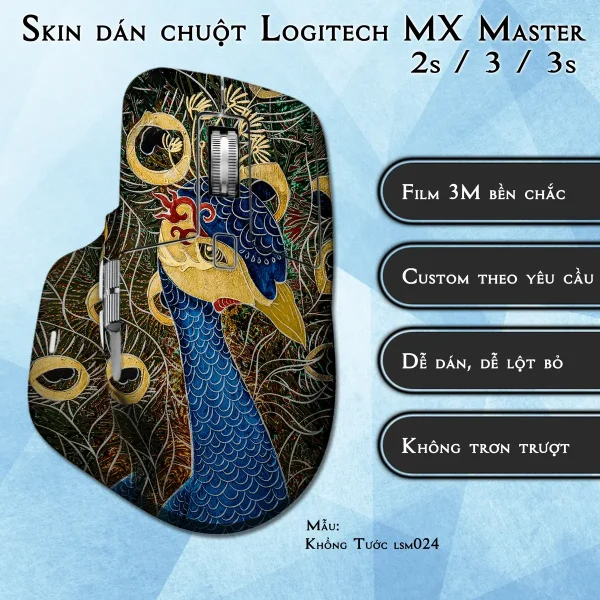 Skin dán chuột Logitech MX Master 2, 2s, 3, 3s mẫu Khổng Tước lsm024