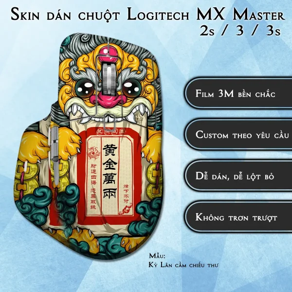 Skin dán chuột Logitech MX Master 2, 2s, 3, 3s mẫu Kỳ Lân cầm chiếu thư