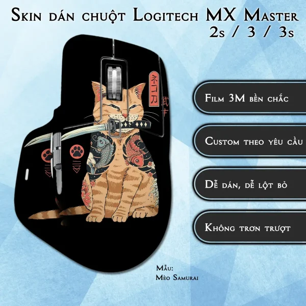 Skin dán chuột Logitech MX Master 2, 2s, 3, 3s mẫu Mèo Samurai