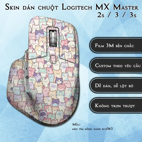 Skin dán chuột Logitech MX Master 2, 2s, 3, 3s mẫu mèo tím hồng xanh scu063
