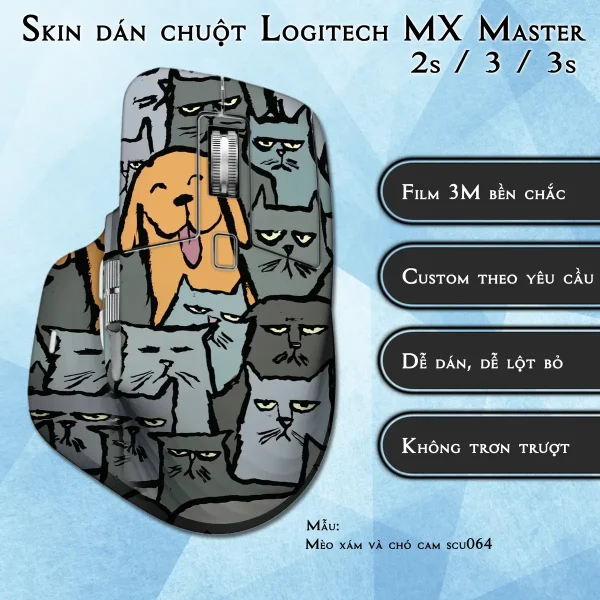 Skin dán chuột Logitech MX Master 2, 2s, 3, 3s mẫu Mèo xám và chó cam scu064
