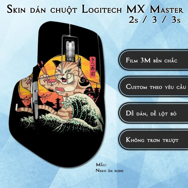 Skin dán chuột Logitech MX Master 2, 2s, 3, 3s mẫu Neko ăn sushi