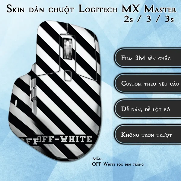 Skin dán chuột Logitech MX Master 2, 2s, 3, 3s mẫu OFF White sọc đen trắng