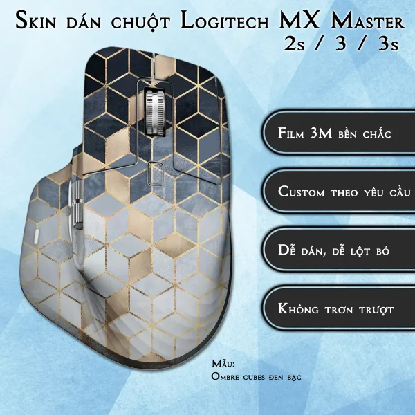 Skin dán chuột Logitech MX Master 2, 2s, 3, 3s mẫu Ombre cubes đen bạc