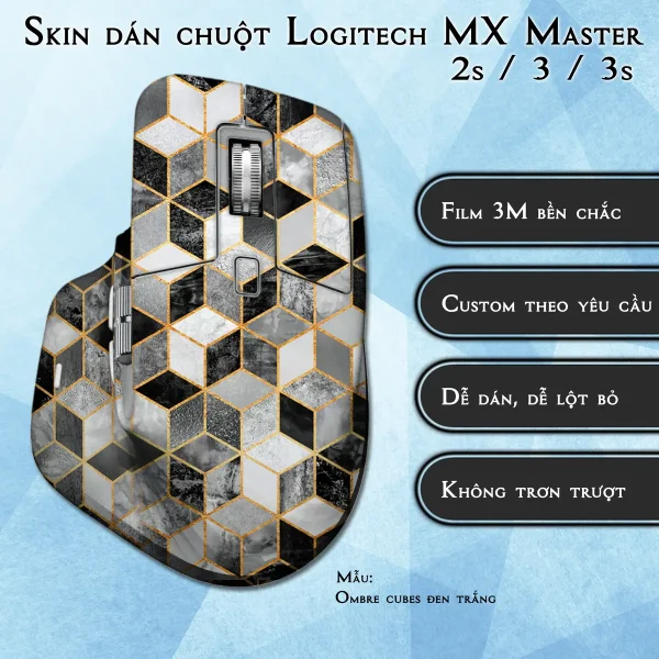 Skin dán chuột Logitech MX Master 2, 2s, 3, 3s mẫu Ombre cubes đen trắng