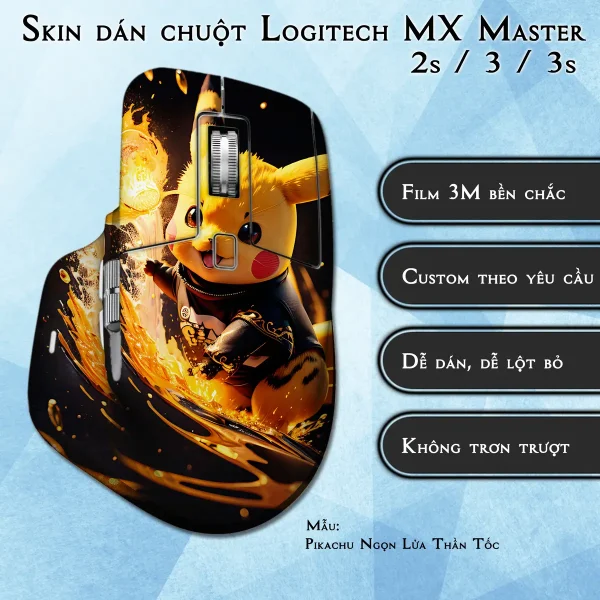 Skin dán chuột Logitech MX Master 2, 2s, 3, 3s mẫu Pikachu Ngọn Lửa Thần Tốc