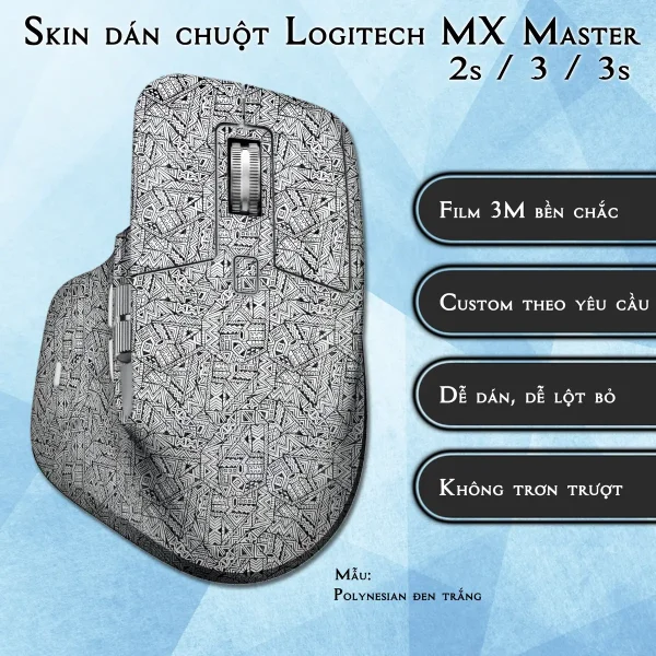 Skin dán chuột Logitech MX Master 2, 2s, 3, 3s mẫu Polynesian đen trắng