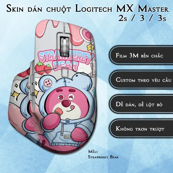 Skin dán chuột Logitech MX Master 2, 2s, 3, 3s mẫu Strawberry Bear