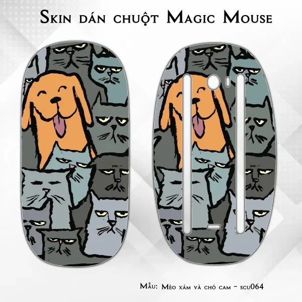 Skin dán chuột Magic Mouse mẫu Mèo xám và chó cam - scu064