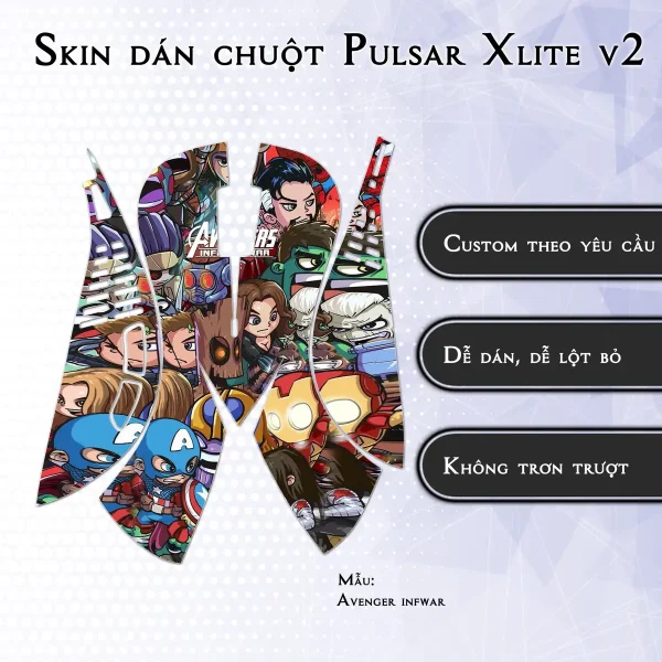 Skin dán chuột Pulsar Xlite Wireless v2 mẫu Avenger infwar