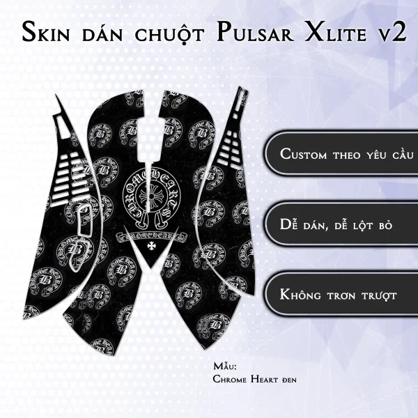 Skin dán chuột Pulsar Xlite Wireless v2 mẫu Chrome Heart đen