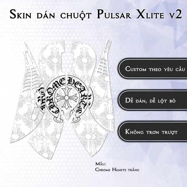 Skin dán chuột Pulsar Xlite Wireless v2 mẫu Chrome Hearts trắng
